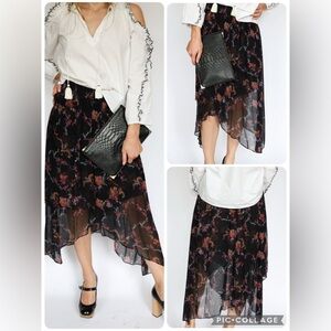 IRO Liliespe Floral Black Sheer Asymmetrical Midi Skirt